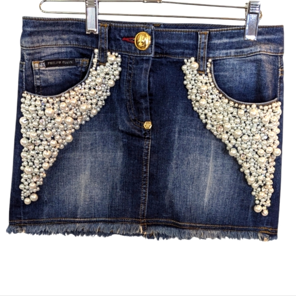 Luxury Phillip Plein Pearl/Rhinestones Denim Mini Skirt...Size XS